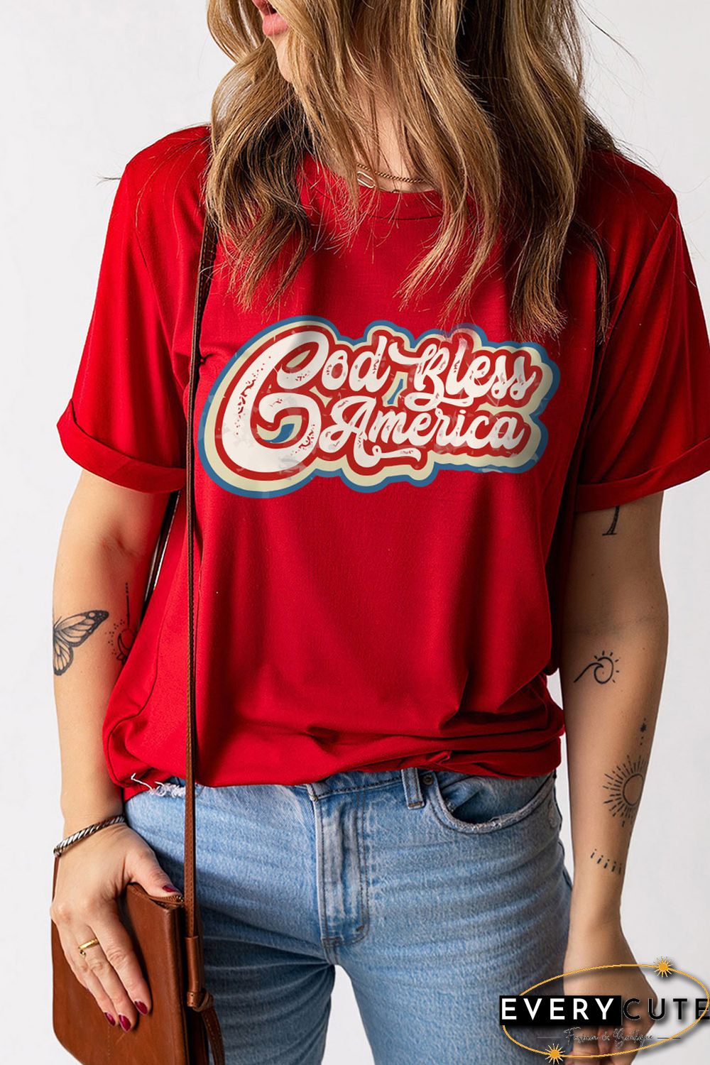 Red God Bless America Graphic Print Short Sleeve Top