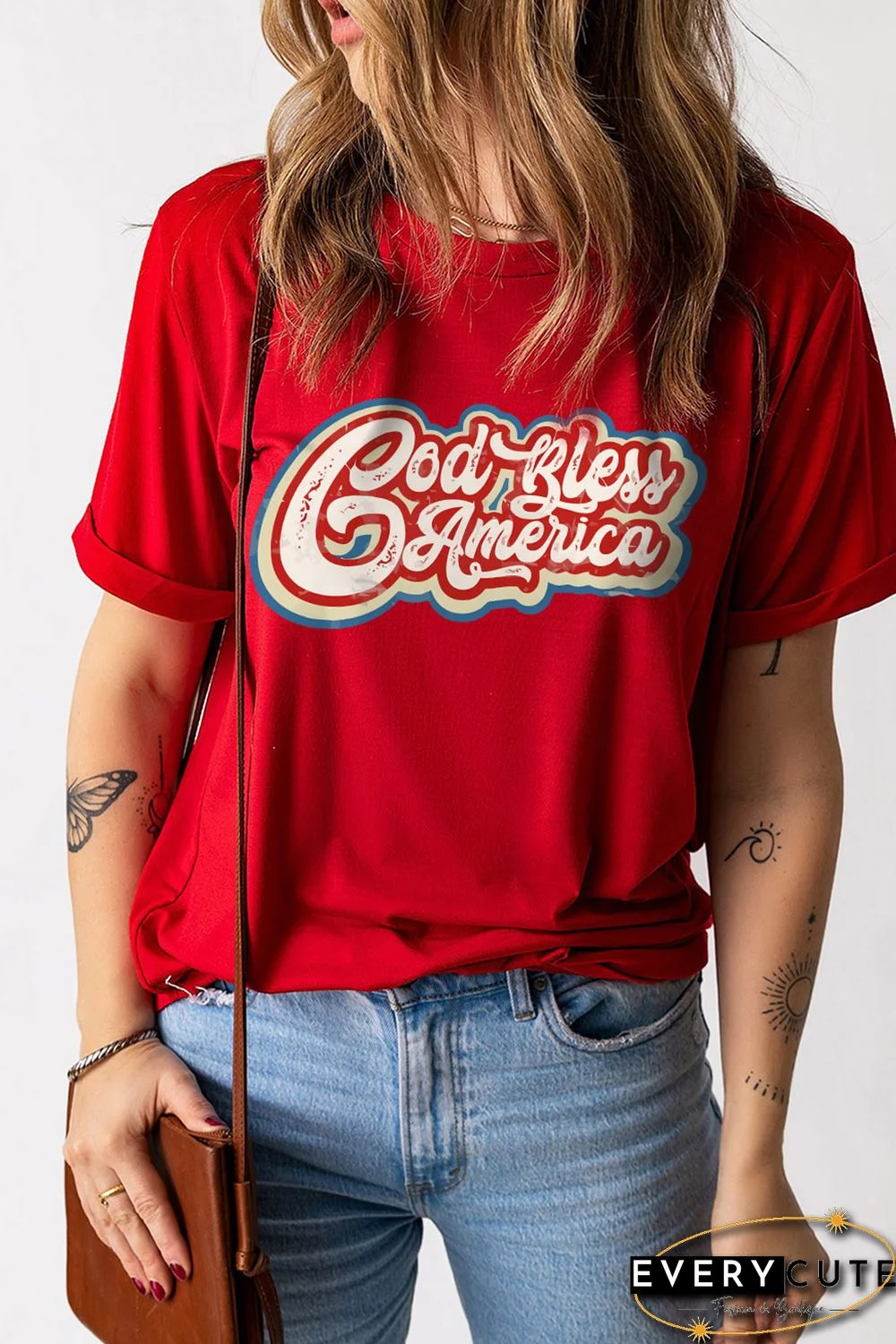 Red God Bless America Graphic Print Short Sleeve Top