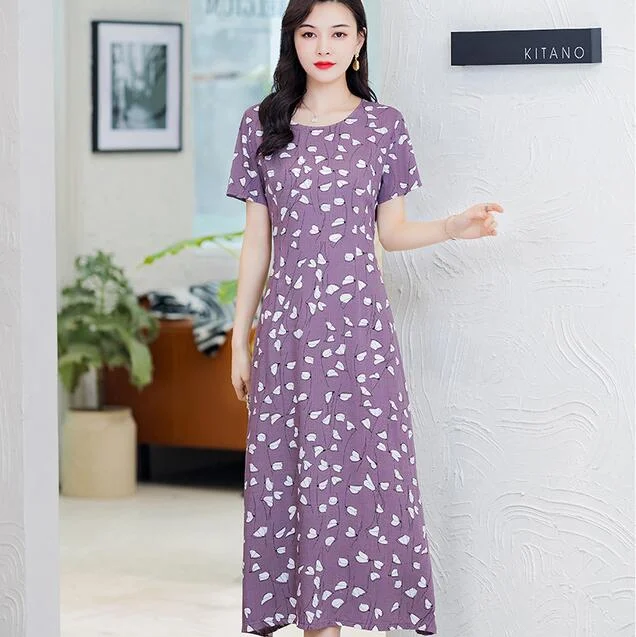 Women Summer Dress Plus Size 5XL Loose Middle-aged Mother Casual Short Sleeve Long Dress O-Neck Floral Print Cotton Dresses