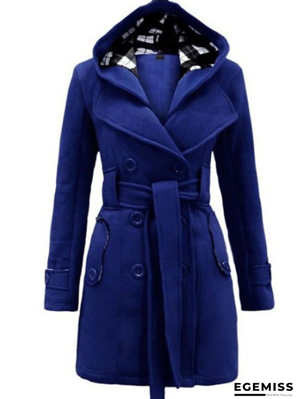 Checked Hooded Woolen Coat With Long Belt | EGEMISS