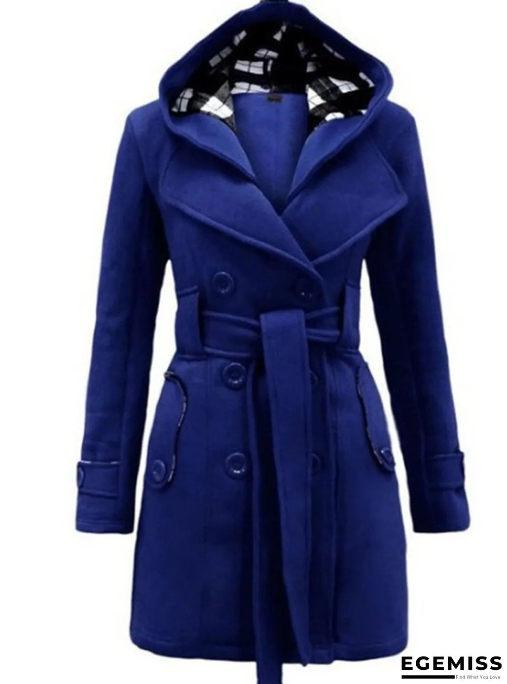 Checked Hooded Woolen Coat With Long Belt | EGEMISS