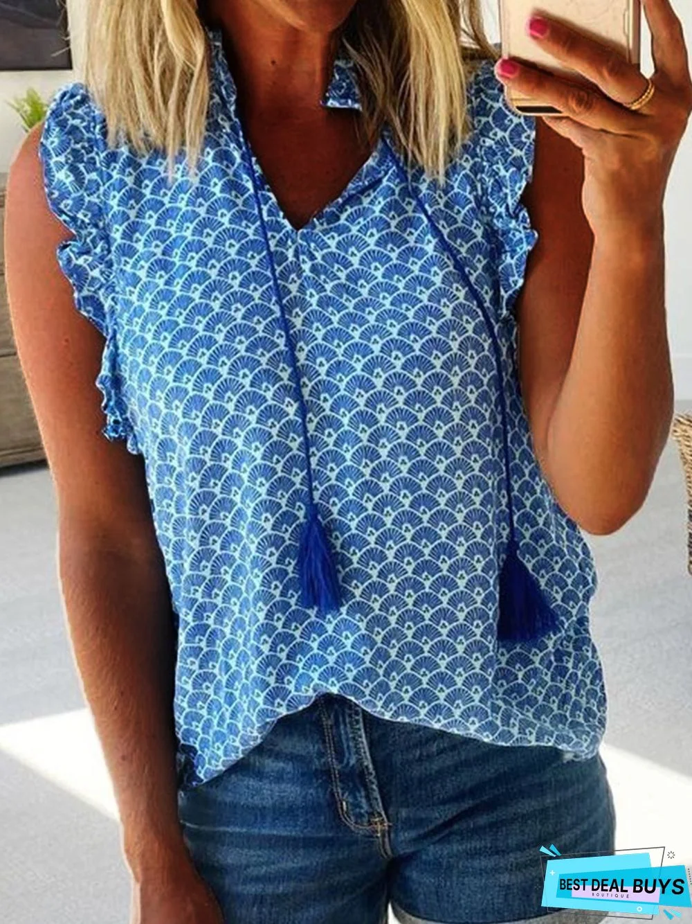 V Neck Polyester Fibre Loose Tanks & Camis