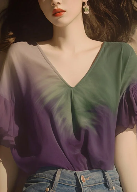 Gradient Color Purple V Neck Chiffon T Shirt Summer