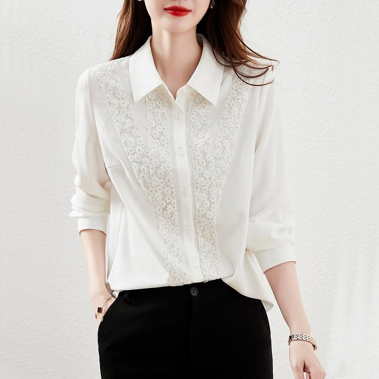 White Lace Long Sleeve Paneled Shift Shirts & Tops
