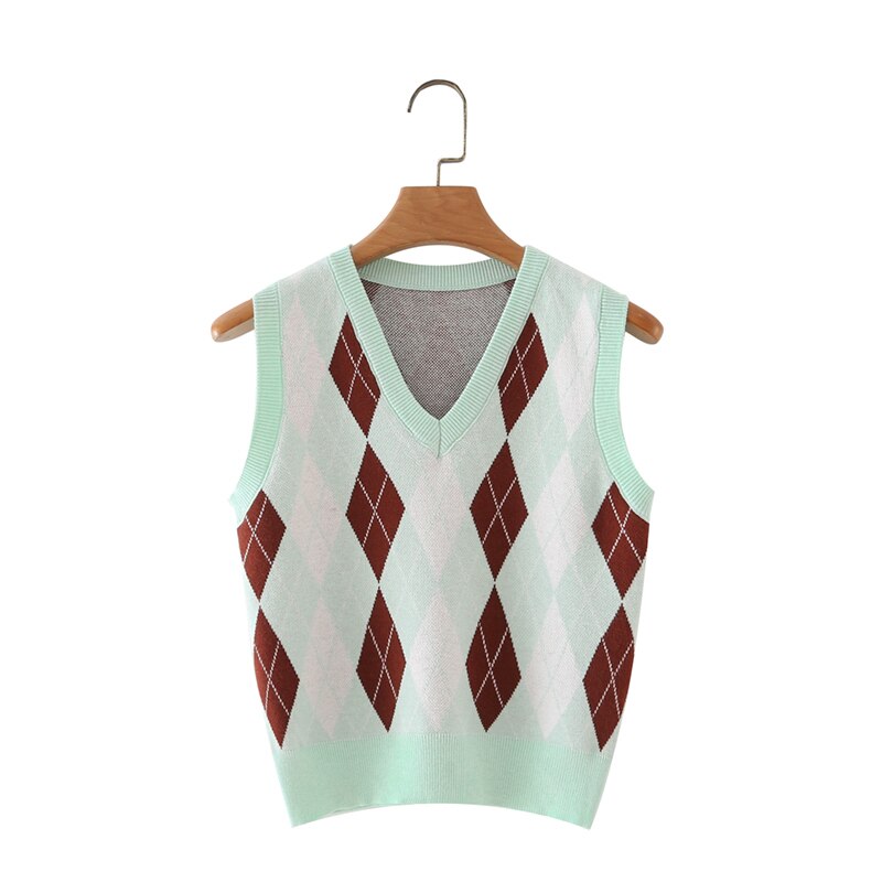 Winter Fall Vintage Sweater Vest Top Knit Argyle Sweaters For Women Fashion Knitted Vest Cute Argyle Sweaters