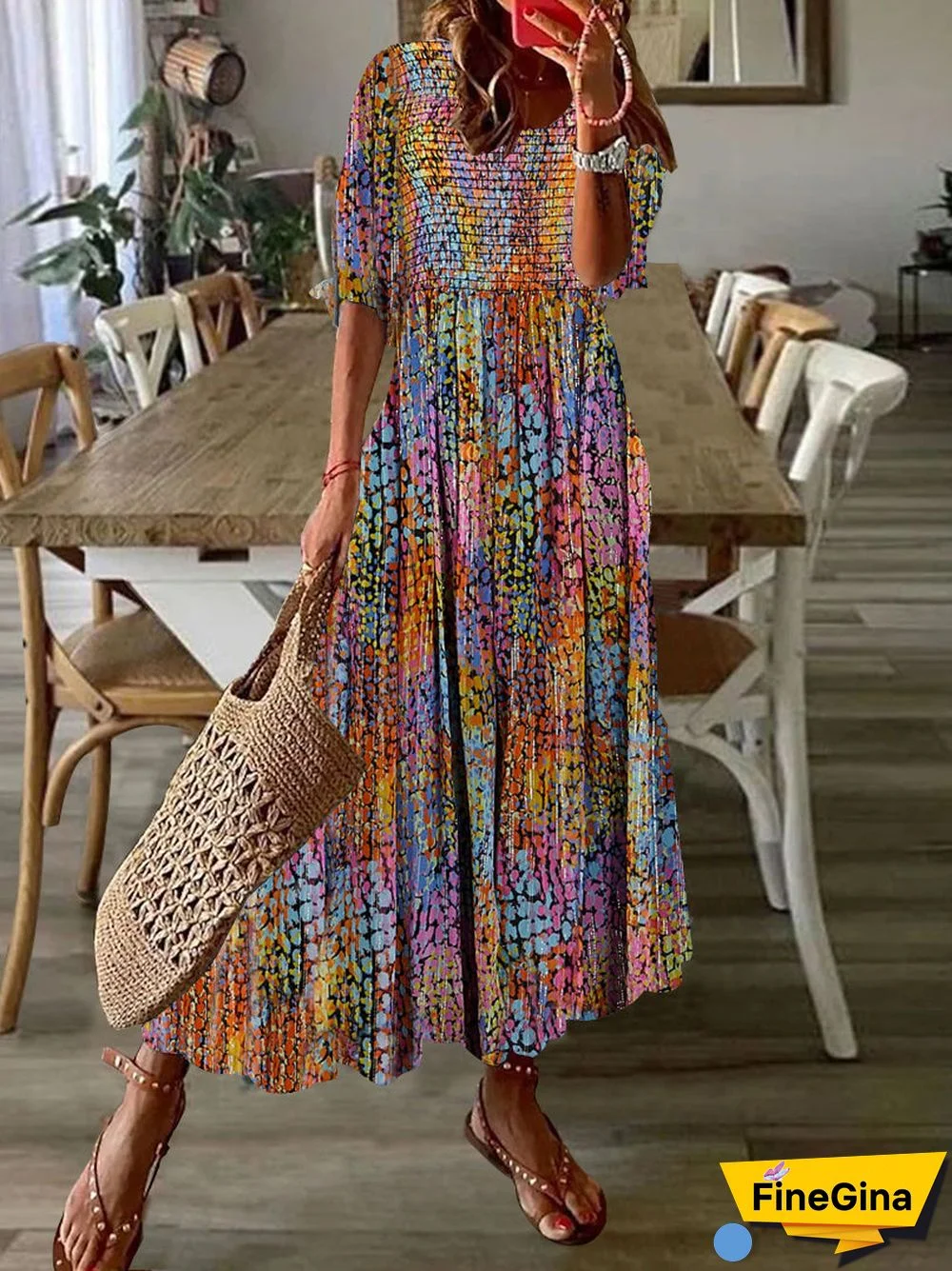 Women's Colorful Scoop Neck Half Sleeve Graphic Print Maxi Dress