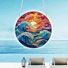 (18.5cm)DIY Acrylic Jigsaw Puzzle Window Hanging with Hanging Chain DIY Stained Glass Decoration Round Window Puzzle Decor for DIY Craft Project (Stained Glass Sea Wave)