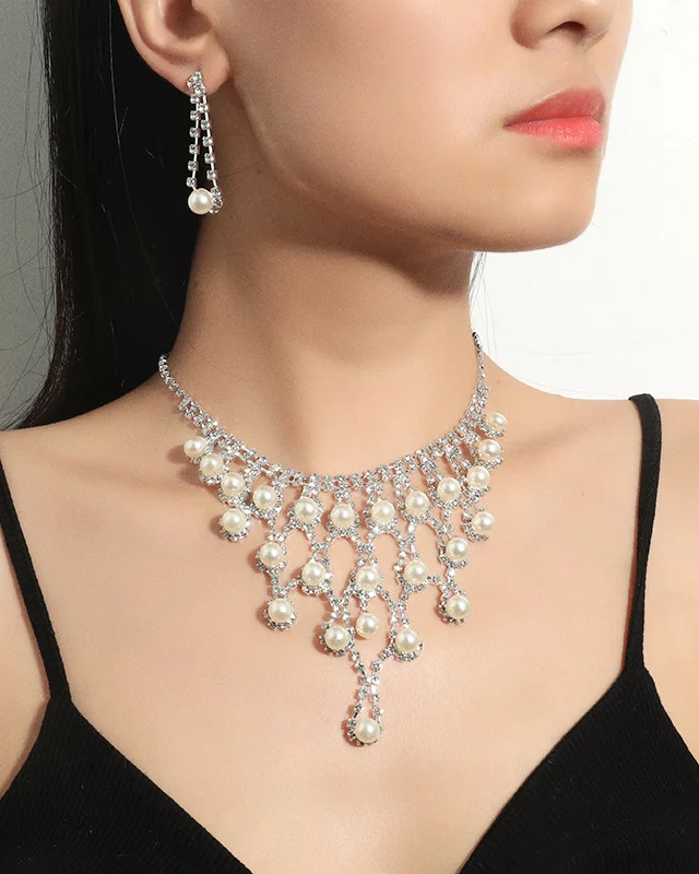 Banquet pearl earring necklace two-piece set-Accessories