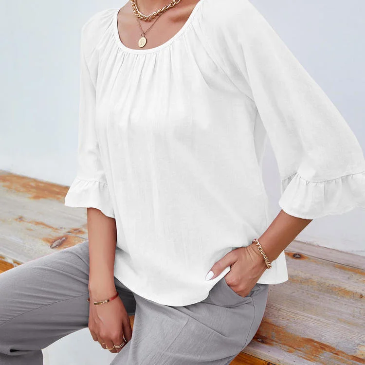 Solid Color Cotton And Linen Ruffled Crew Neck T-Shirt