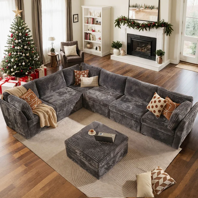 Shopicco L-shaped 130.7" Modular Sectional Sofa Couch,  Modern Deep Seat Cloud Plush Corduroy Sofas Set for Living Room