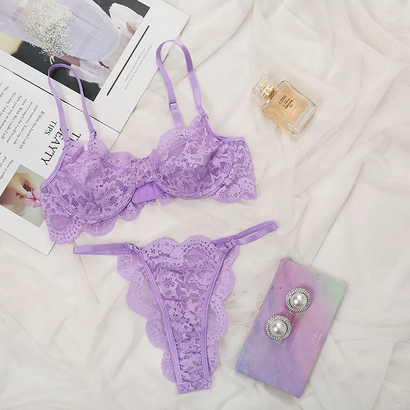 VOTERBO Lace Bra Set Women Ultrathin Sex Underwear Sexy Transparent Bra and Panty Set Underwire Brassiere Ladies Erotic Lingerie