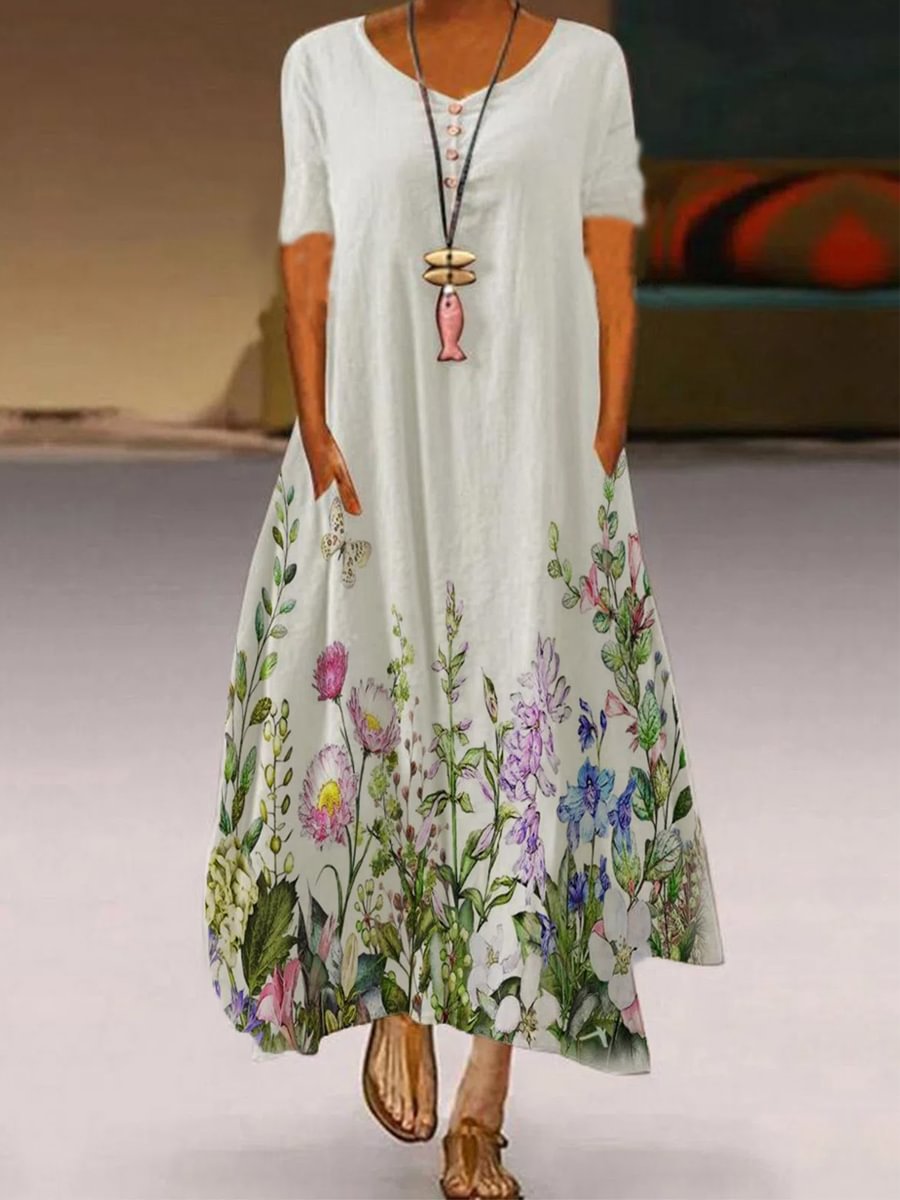 Ladies White Round Neck Floral Print Fashion Maxi Dress