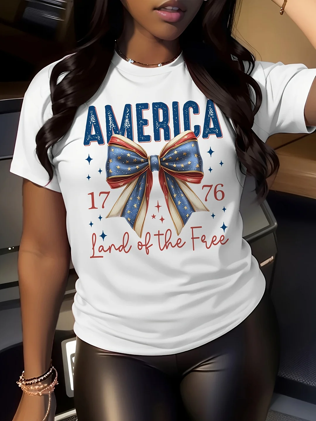 America, Land Of The Free July, The Best Gift To Give To Relatives And Friends Elegant Print Round Neck T-Shirt For Women, Perfect For Spring And Summer Days, With Year Round Versatility | IFYHOME