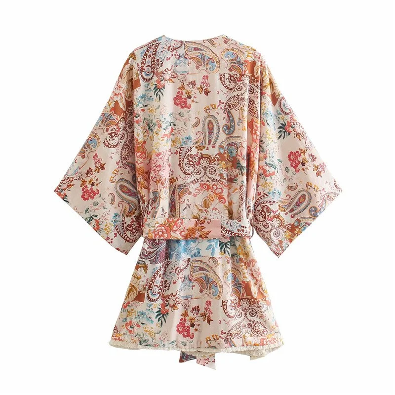 Za 2021 Floral Print Summer Kimono Blouse Women Long Sleeve Partchwork Linen Blouses Chic Frayed Hem Female Vintage Belted Tops