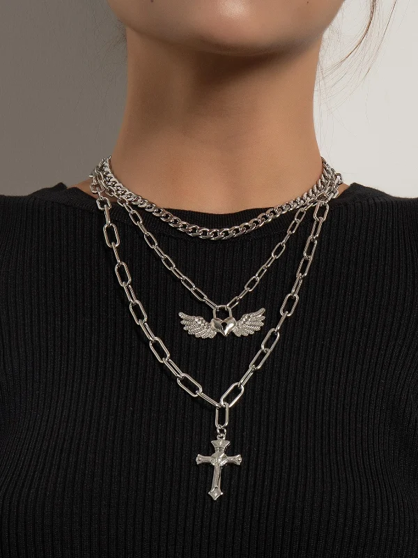 Statement Hip-pop Style Layered Necklace with Cross and Wings Pendants