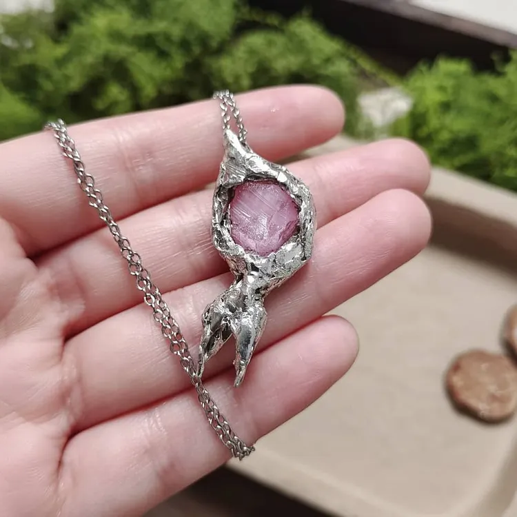 Lemurian Pact Wire Pink Cat's Eye Stone Wrapped Pendant 