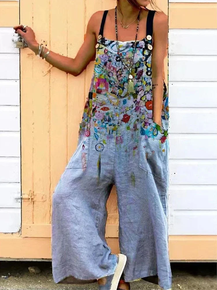 Women Jumpsuit Summer Overalls Straps Multicolor Print Square Neck Sleeveless Casual Romper With Pockets For Girls Playsuit