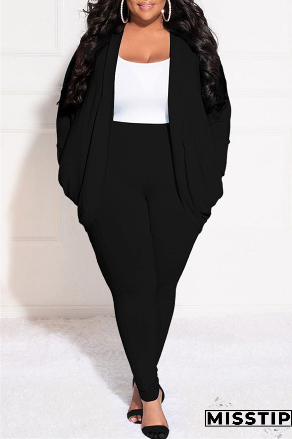 Burgundy Casual Solid Cardigan Pants Cardigan Collar Plus Size Two Pieces