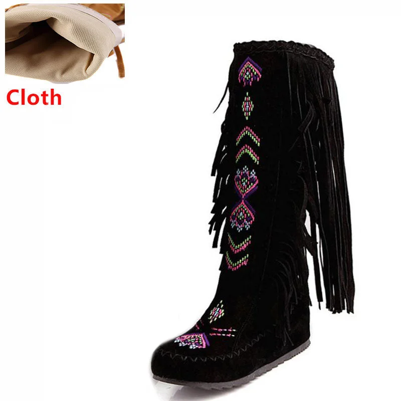 TAOFFEN Fashion Chinese Nation Style Flock Leather Women Fringe Flat Heels Long Boots Woman Tassel Knee High Boots Size 34-43