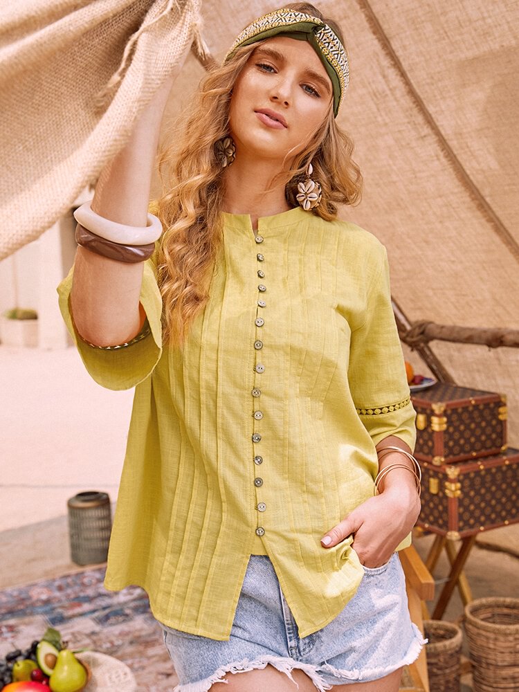 Summer Pleated Button O neck Casual Blouse for Women P1845165
