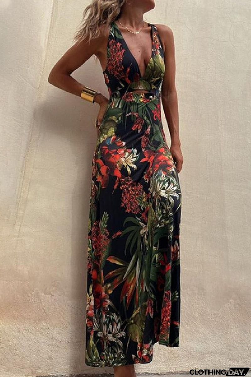 Sexy Vacation Floral Backless V Neck Printed Dress Dresses
