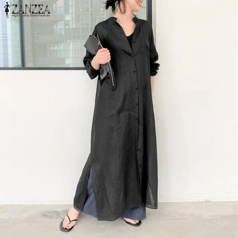 2021 Autumn Elegant Solid Work Shirt Dress ZANZEA Maxi Sundress Women Long Sleeve Cotton Linen Vestidos Female Robe Plus Size