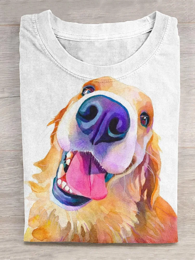 Watercolor Style Golden Retriever Puppy Drawing Printed T-shirt