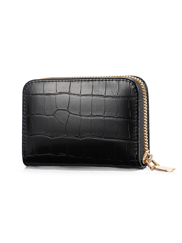 Women PU Leather Crocodile Wallet Business Zipper Holder Handbag (Black)