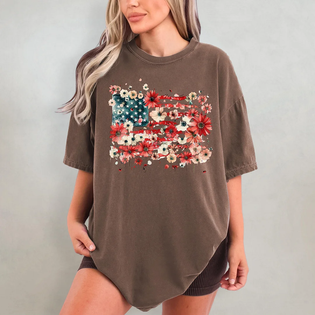 Floral American Flag 4th Of July T-shirt