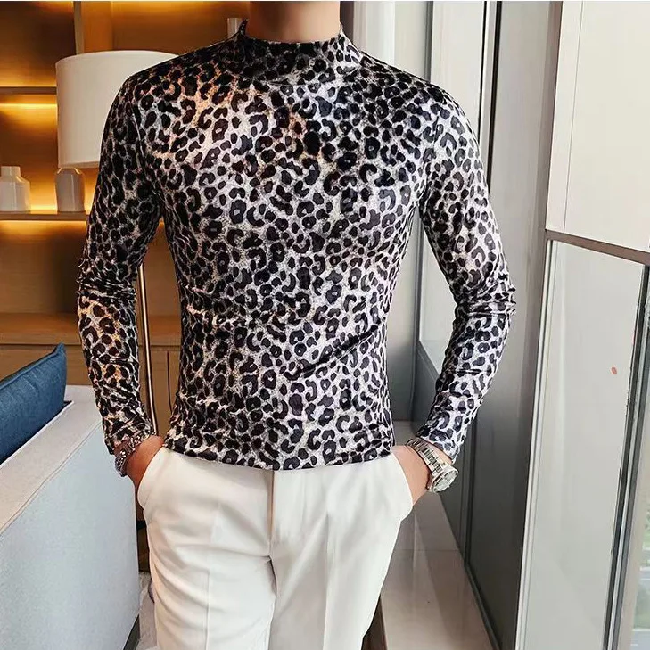 Thoval fashion clothes men Mens T-shirt Long Sleeve Leopard Print Stretch Skinny Gym Shirt High Neck Base Shirt for Men