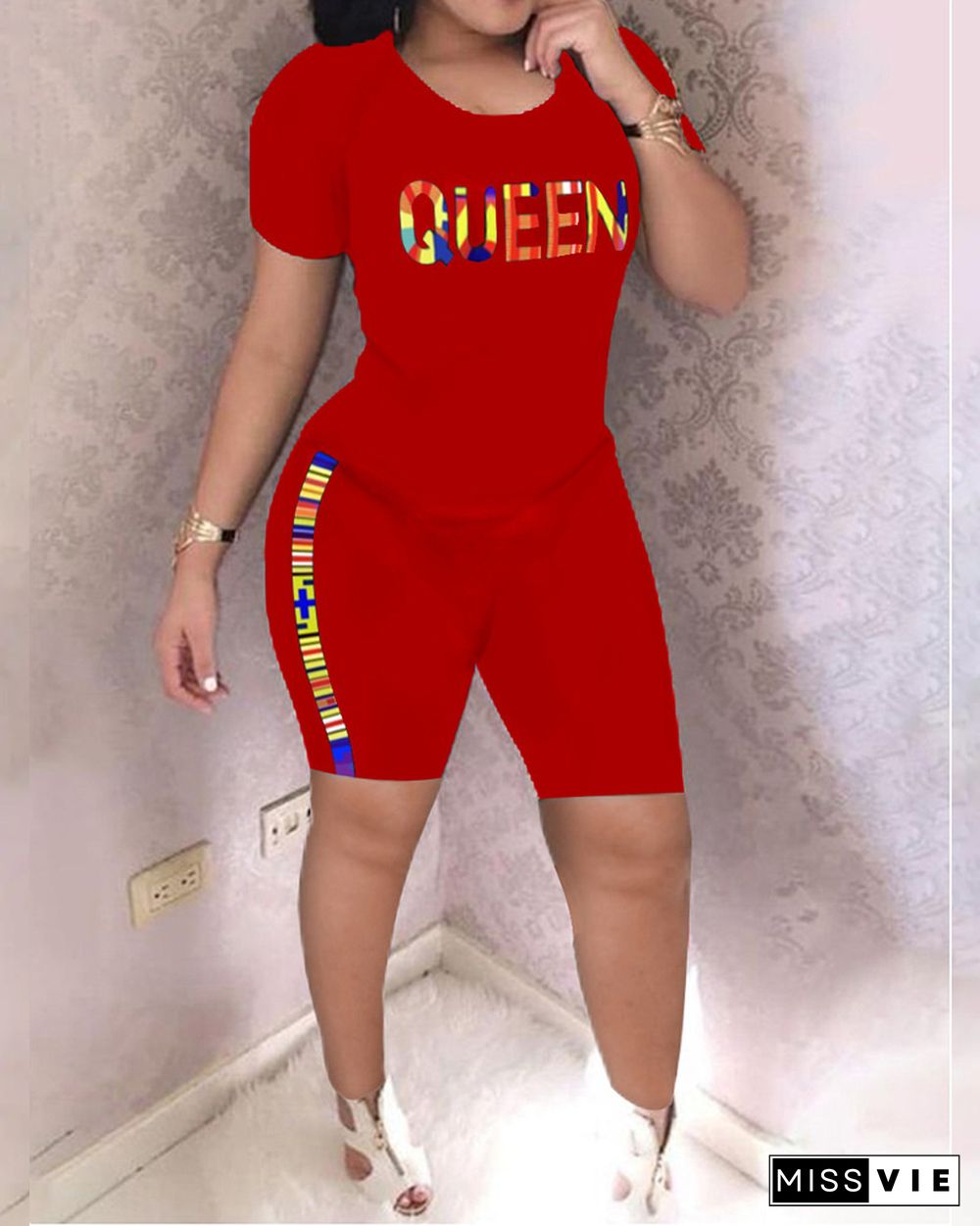 Casual O Neck T Shirt Biker Shorts Tracksuits