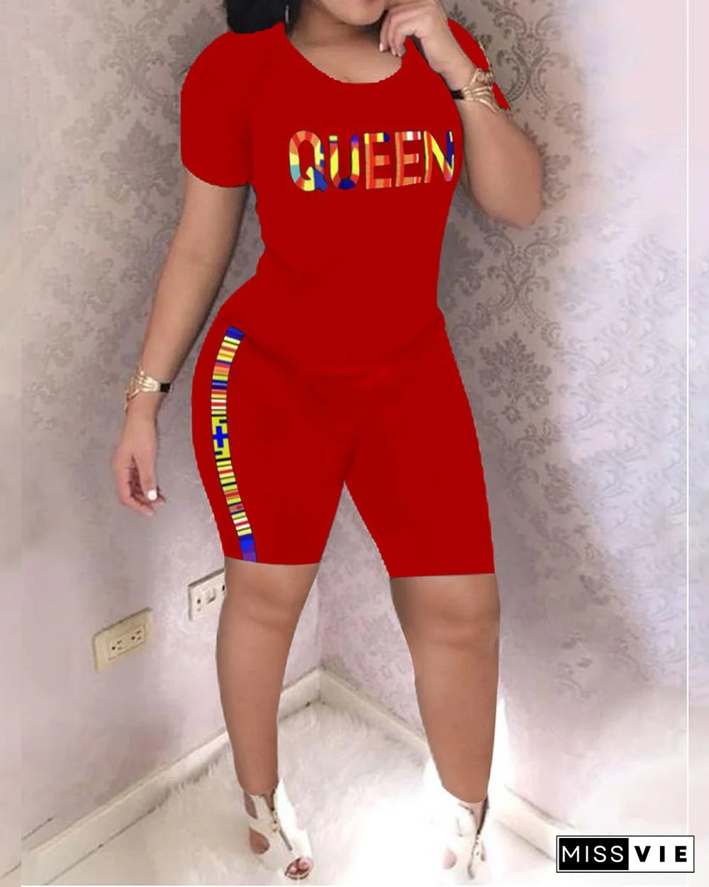 Casual O Neck T Shirt Biker Shorts Tracksuits