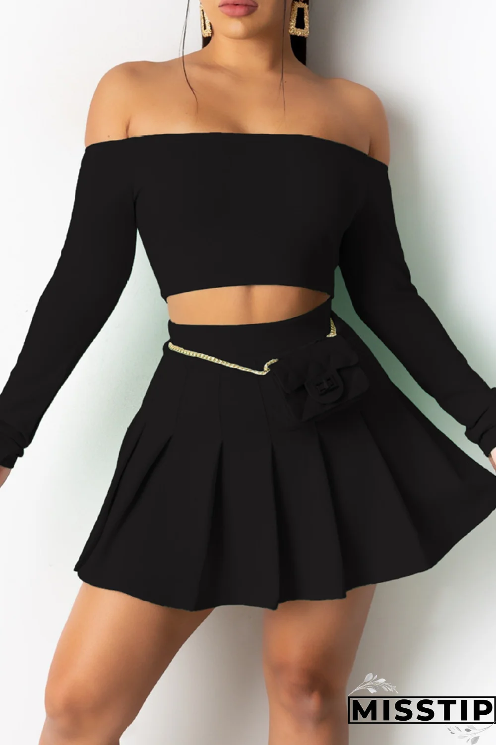 Cyan Sexy Solid Patchwork Off the Shoulder Long Sleeve Two Pieces