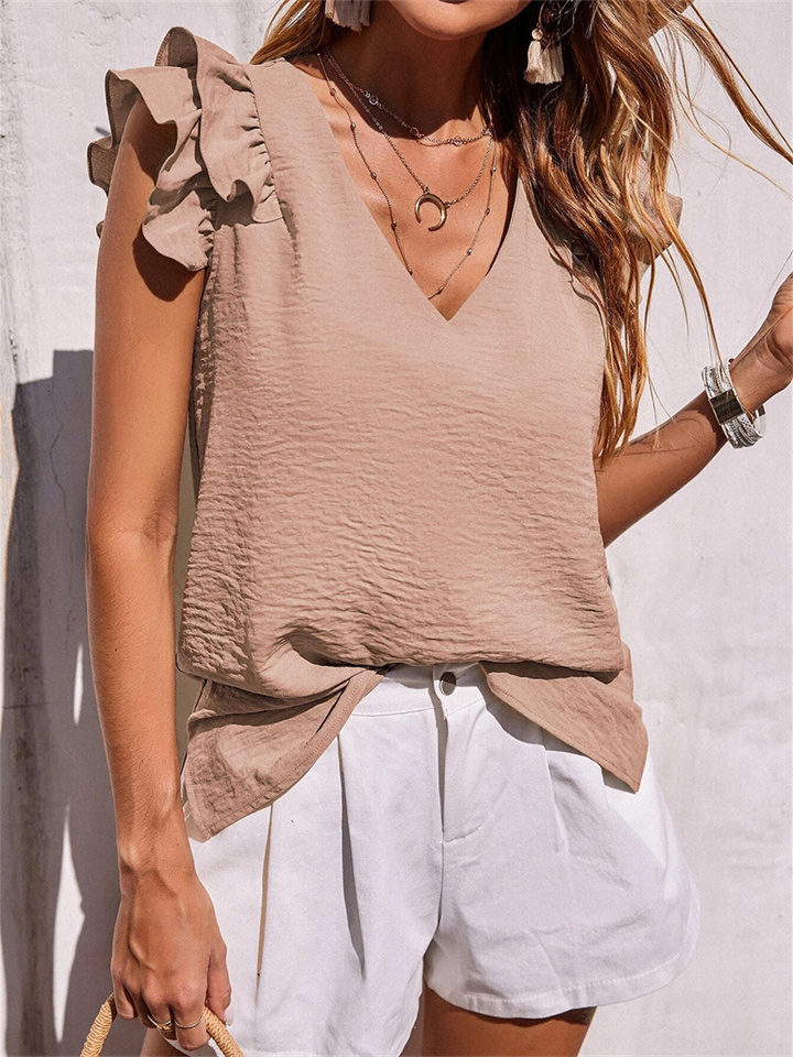 Spring and Summer Women's Casual V-neck Ruffled Undershirt Tops Summer Sleeveless Solid Color Shirt