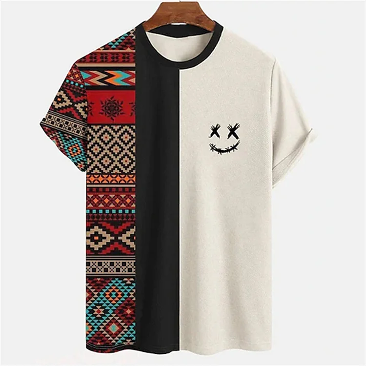 Two-Color Ethnic Smile Panel Print Graphic Short Sleeve T-Shirt at Hiphopee