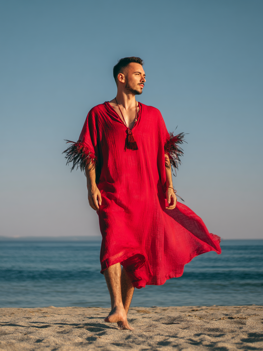 Scarlet Blackout Feather-Sleeve Jumpsuit