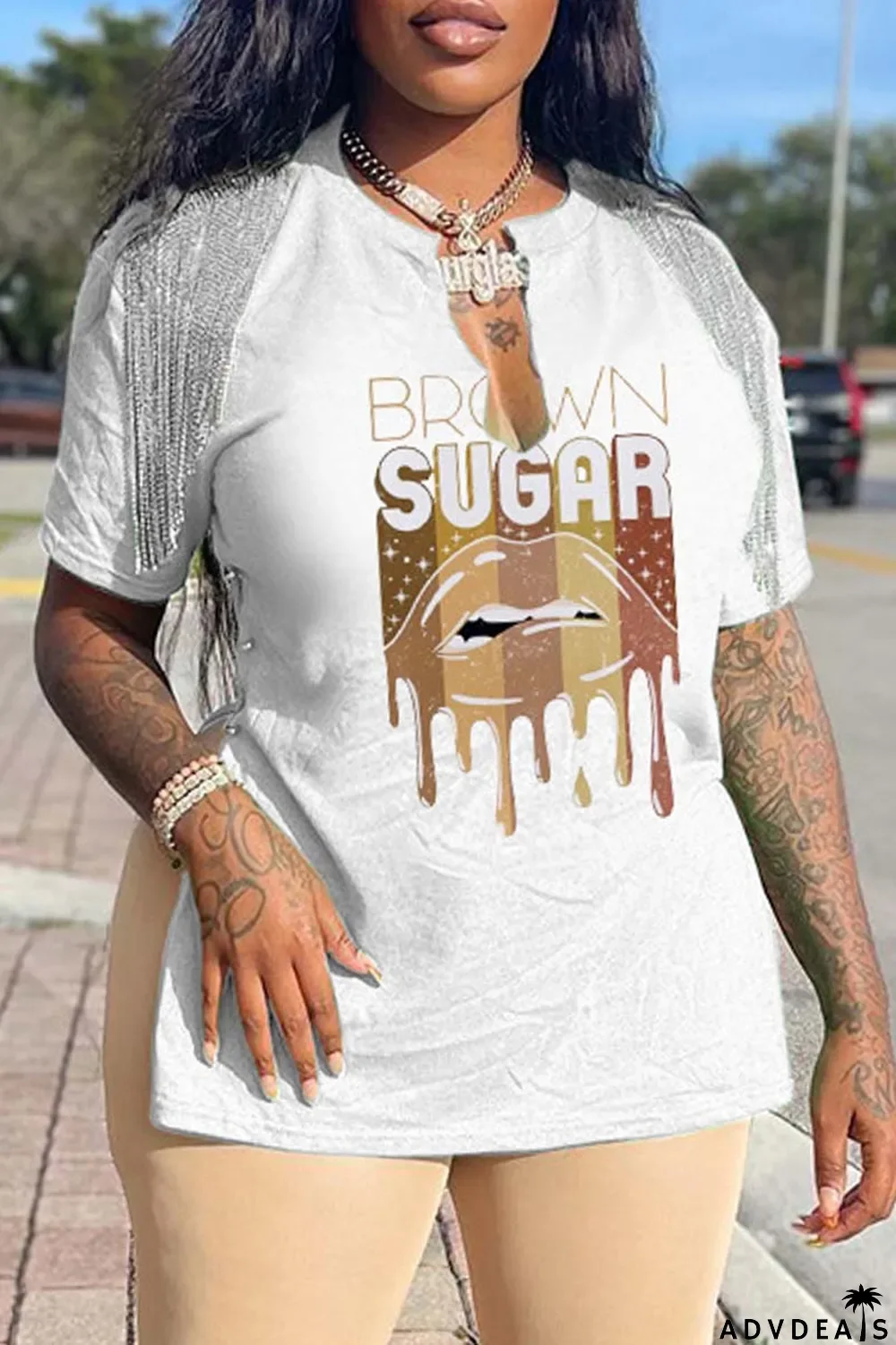 Grey Casual Print Tassel Patchwork V Neck T-Shirts