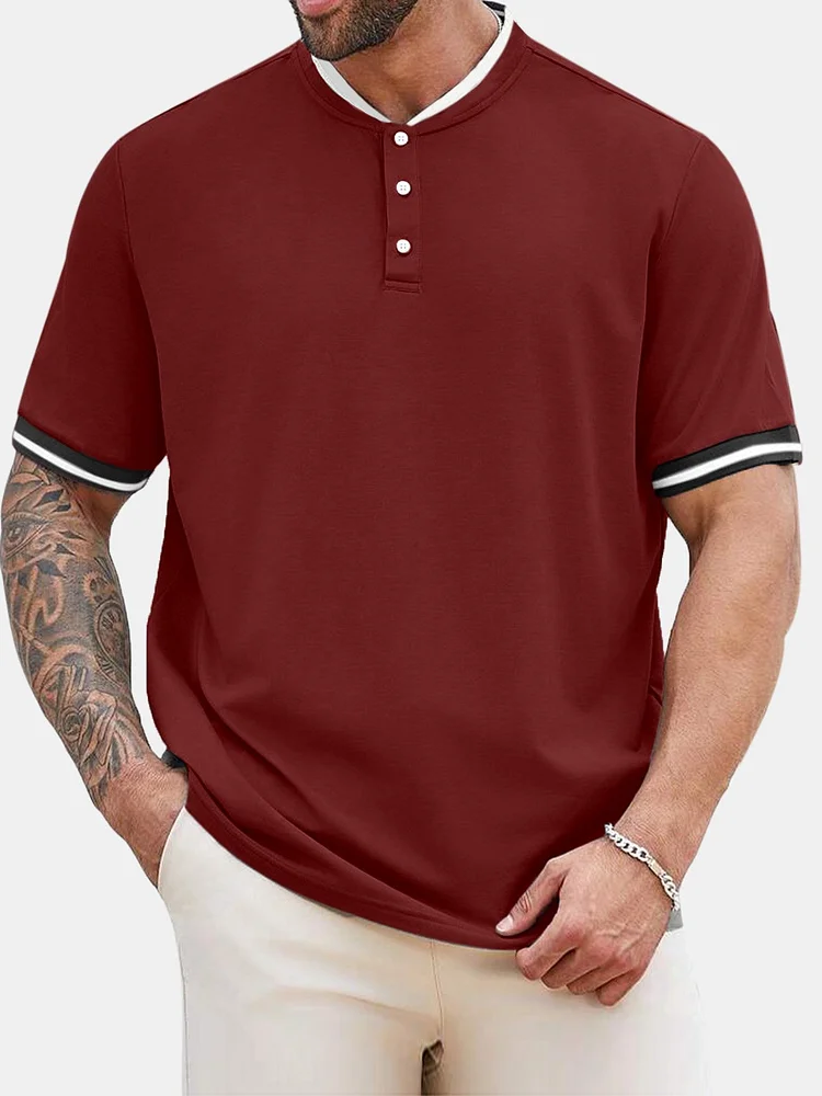 Men's Summer Solid Color Comfortable Contrast Color Short Sleeve Henley Shirt
