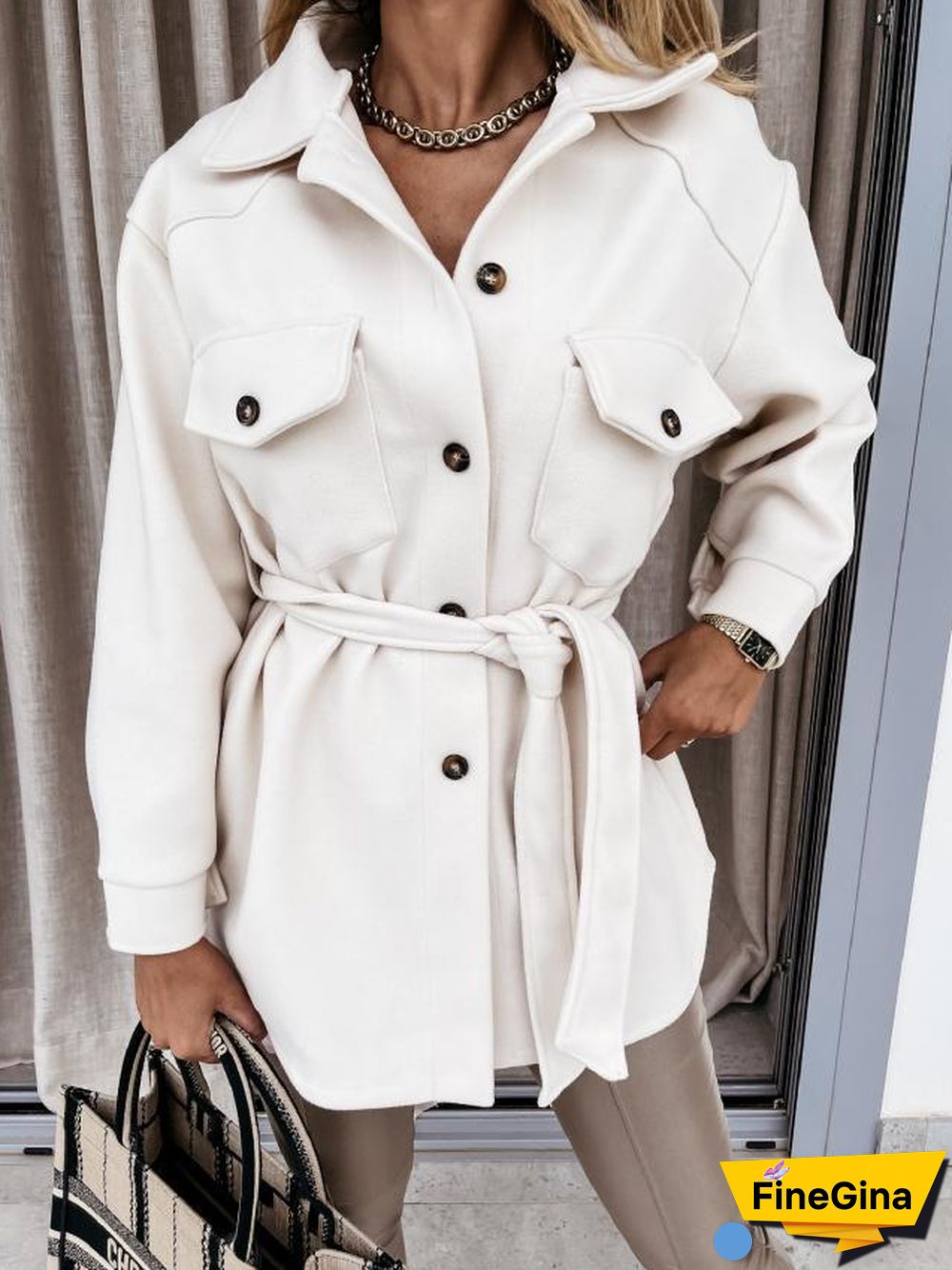 Long Sleeve Button Down Waist Wrap Jacket Coat