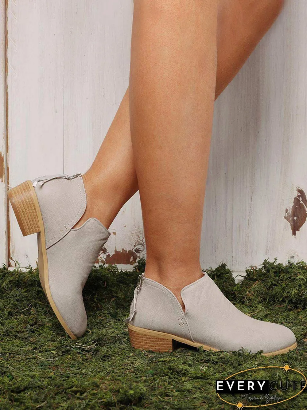 Pu Chunky Heel Zipper Pumps