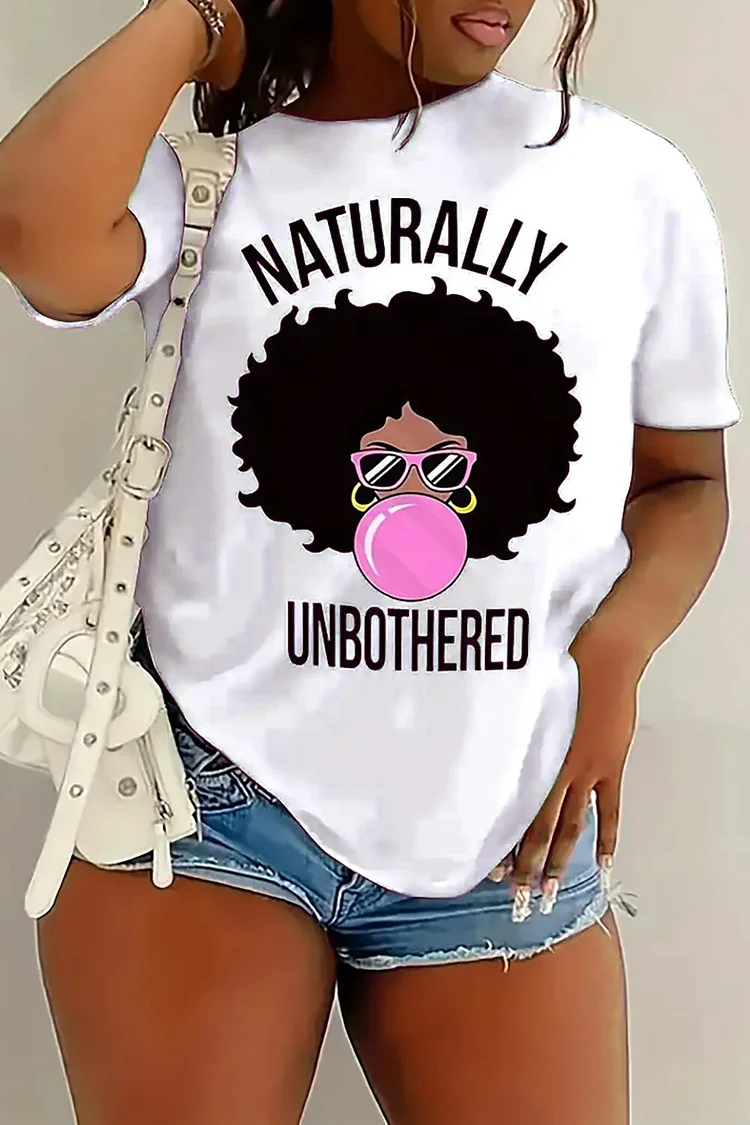 Letter Cartoon Print Round Neck Short Sleeve Casual T-shirt-White