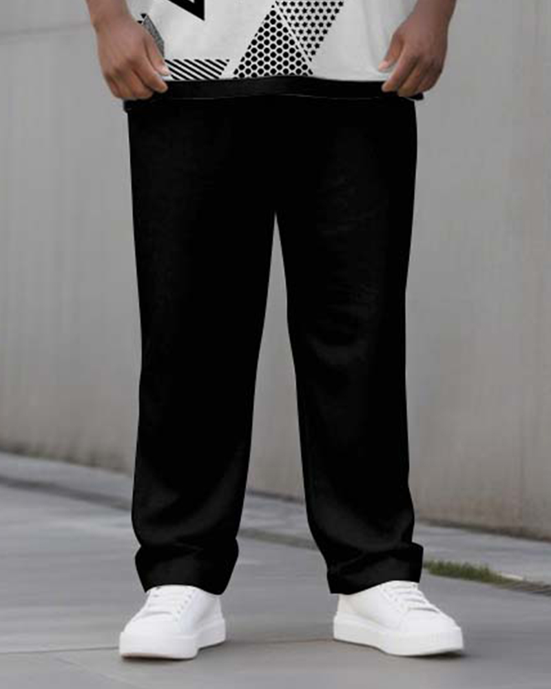 Big & Tall Men's Black And White Geometric Print POLO V-Neck Long Sleeve Pants Two-Piece Set