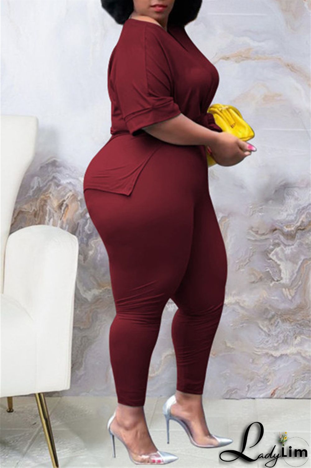 Tibetan Blue Fashion Casual Solid Slit V Neck Plus Size Two Pieces