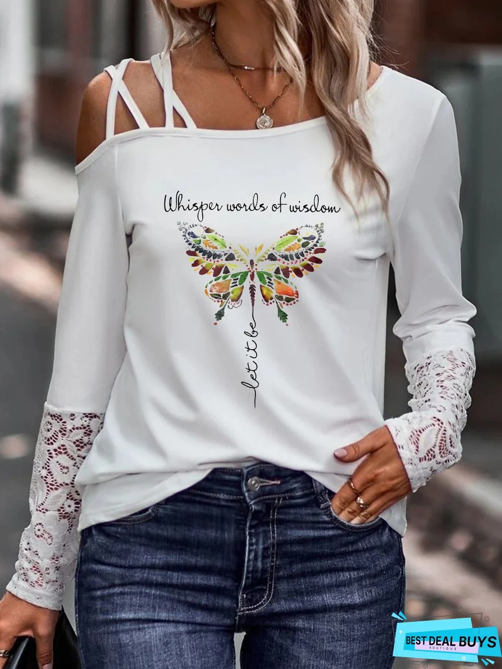 Butterfly Lace Long Sleeve Cross Lace-up Asymmetrical Neck Casual T-Shirt