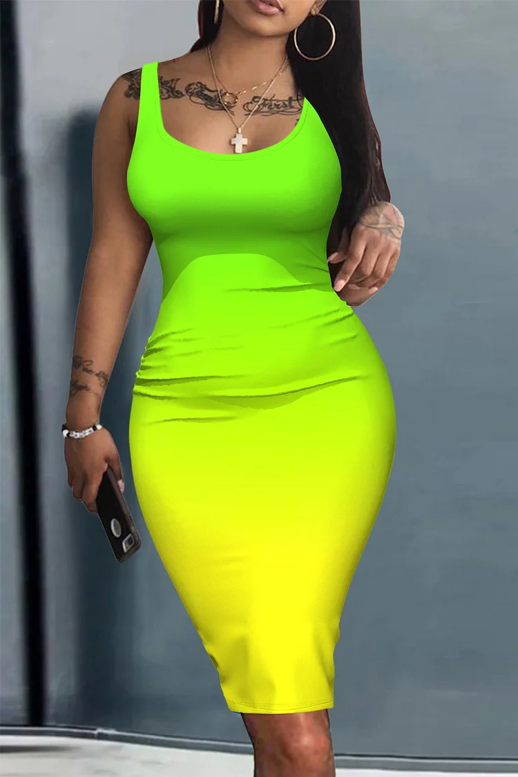 Plus Size Casual Sundress Fluorescent Green Gradient Print U Neck Midi Dresses