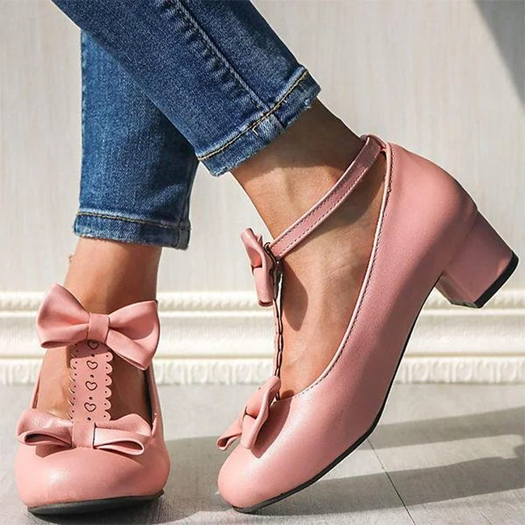 Pink T-Strap Round Toe Block Heel Pumps with Bow Vdcoo