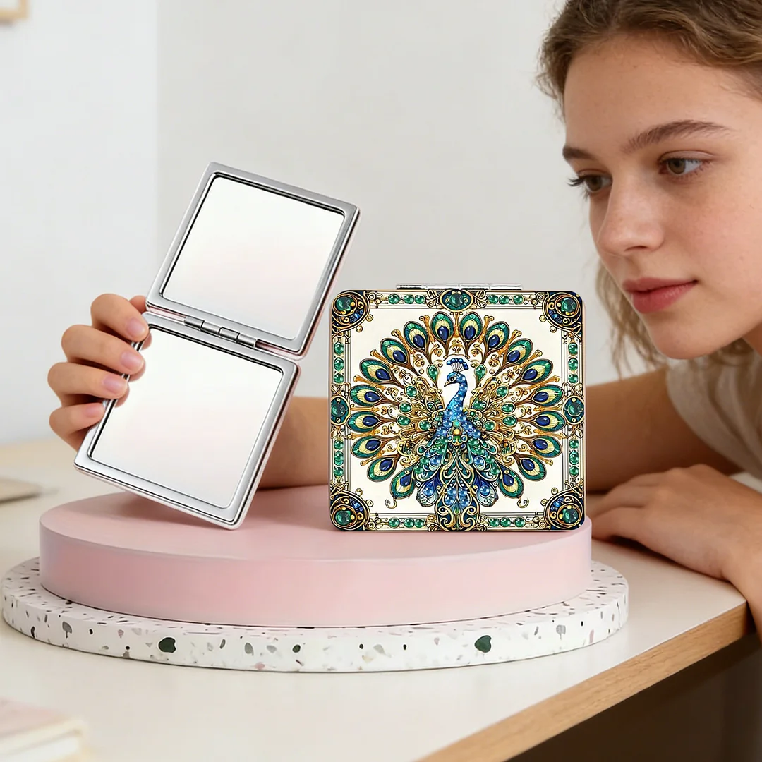 Green Peacock DIY Special Shaped Diamond Painting Compact Mirror Kits Diamond Art Painting Pocket Mirror for Adults and Beginners