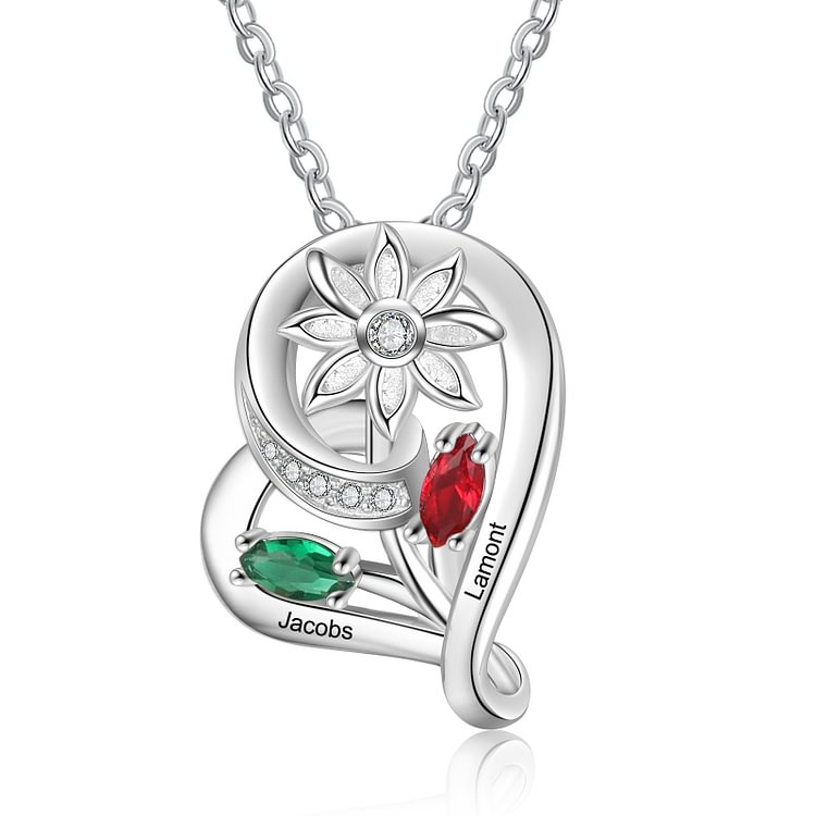 Collar 2 colgante de corazón de girasol personalizado con 2 piedras de nacimiento 2 nombres