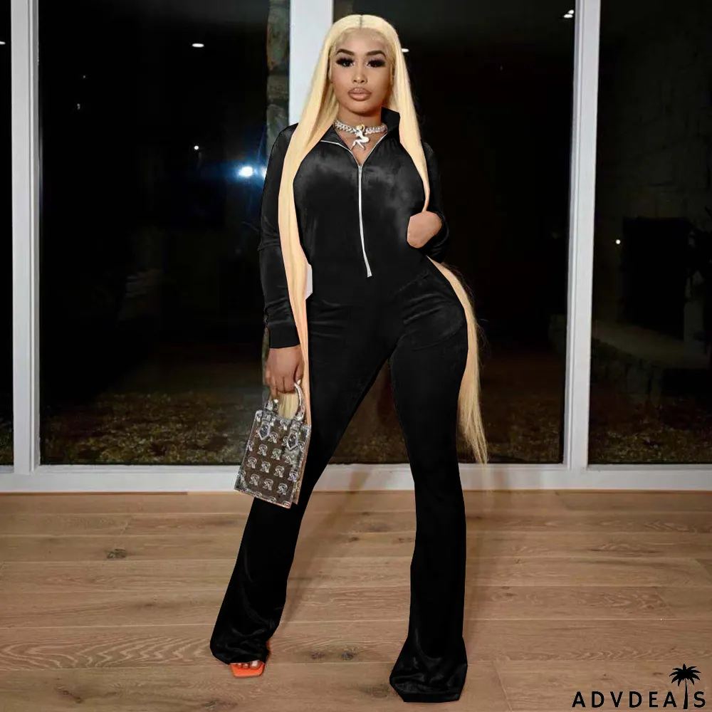 Solid Velvet Long Sleeve Zipper Flared Jumpsuit