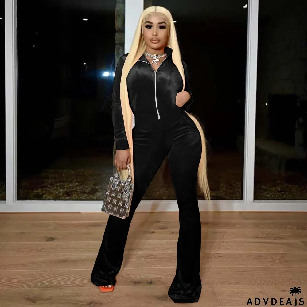 Solid Velvet Long Sleeve Zipper Flared Jumpsuit